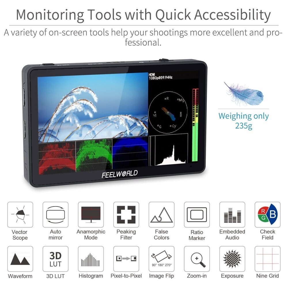 FEELWORLD F6 PLUS V2 6″ Monitor Touch Screen 3D LUT 4K HDMI Video On Camera DSLR