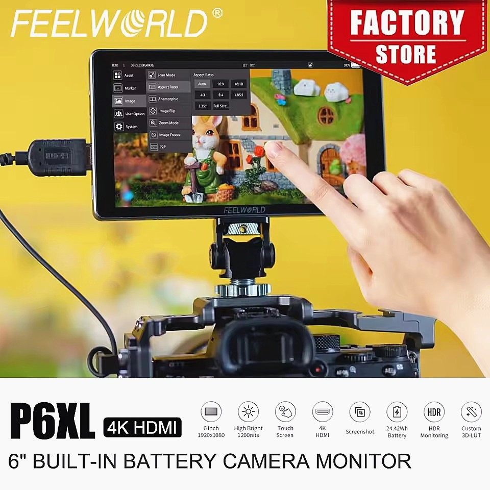 FEELWORLD P6XL 6″ Touch-Screen 4K HDMI Camera Monitor Built-in Battery 1200Nits