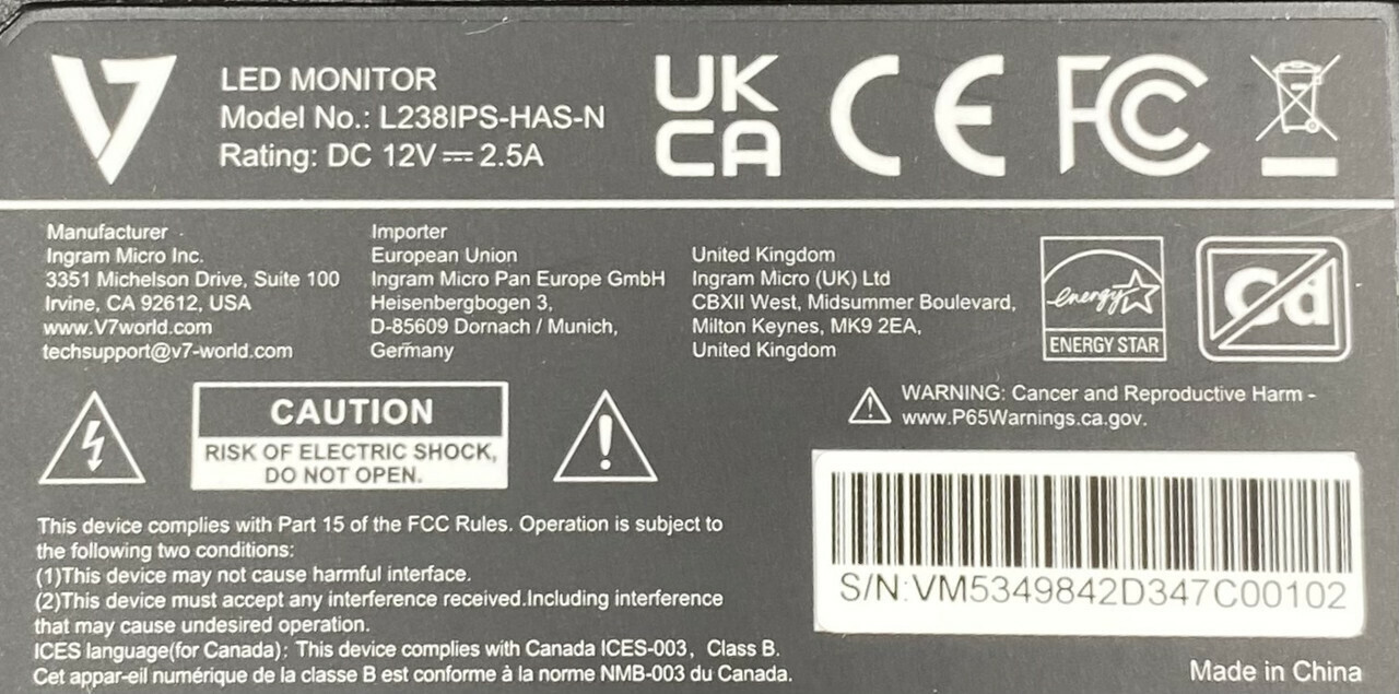 V7 L238IPS-HAS-N FULL HD 24IN LED LCD 16:9 BLACK MONITOR WITH STAND AND POWER AD