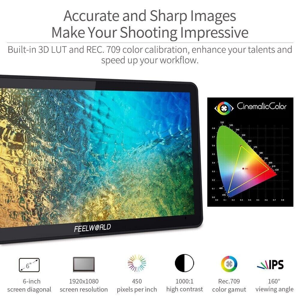 FEELWORLD F6 PLUS V2 6″ Monitor Touch Screen 3D LUT 4K HDMI Video On Camera DSLR
