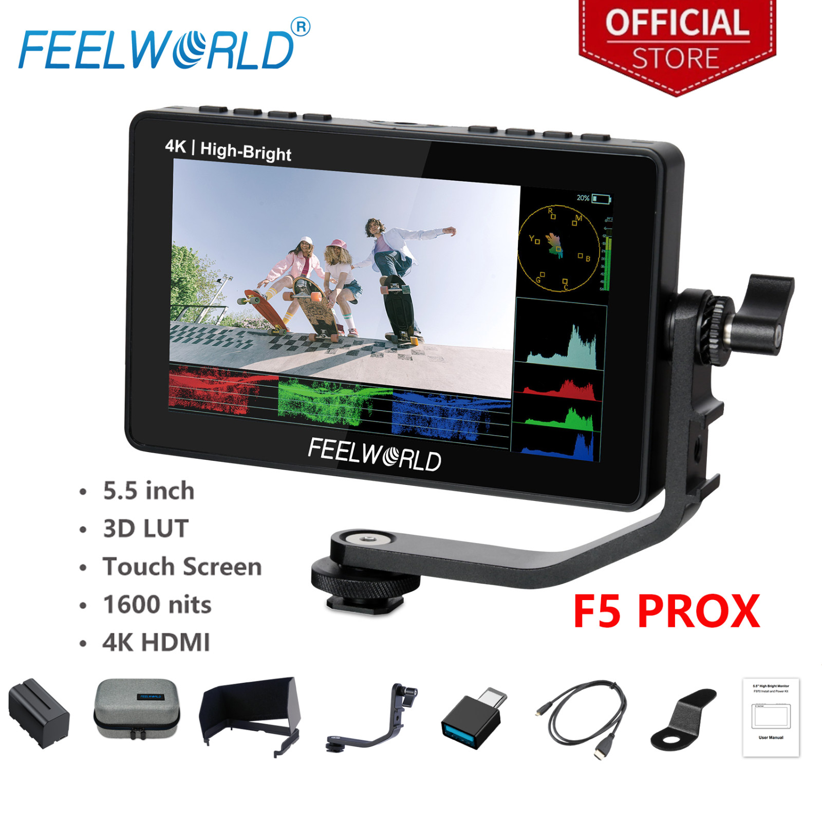 FEELWORLD F5 PROX 5.5 in Camera Field Monitor 1600nits Touch with F750 Battery